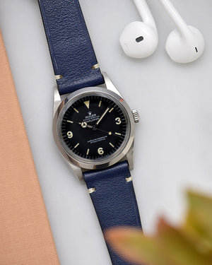 rolex explorer 1 with blue leather watch strap